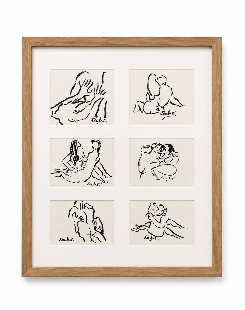 Escher, sans titre, ensemble de six dessins à l’encre noire sur papier.