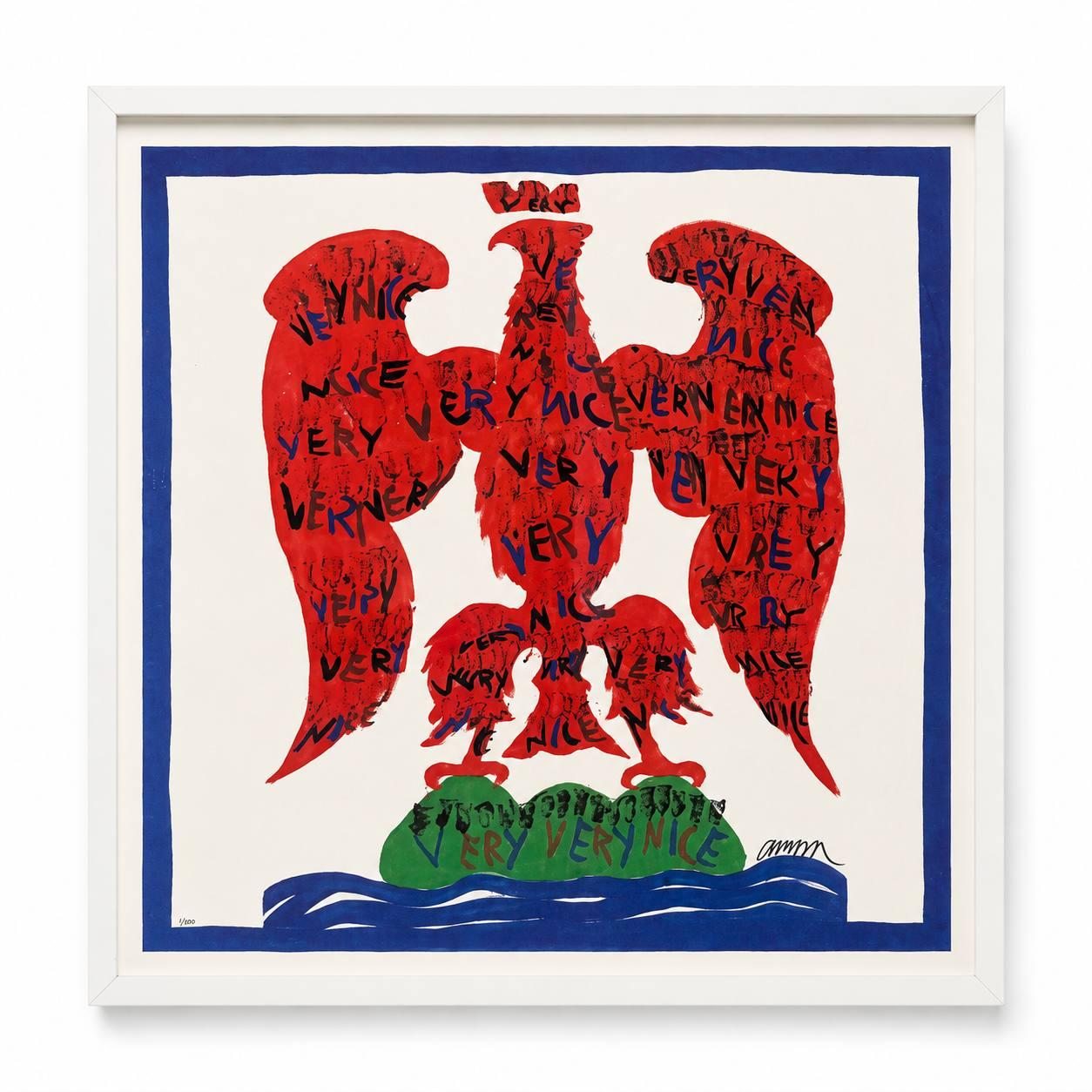Artiste non identifié, aigle stylisé et inscription « VERY NICE », sérigraphie ou technique mixte sur papier.